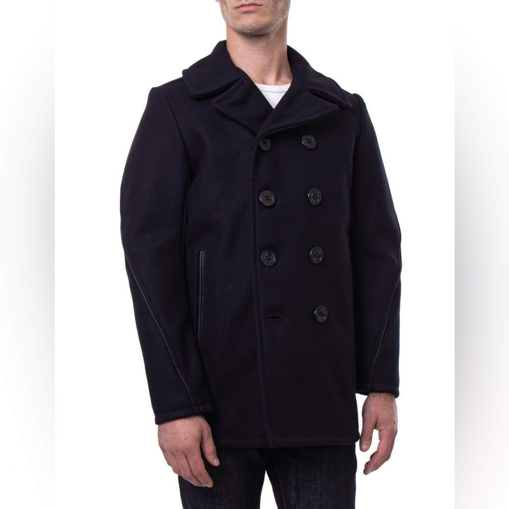 Schott Wool With Leather Trim Black Nautical Peacoat